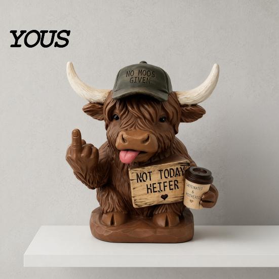 Resin Ornaments Highland Cow Desk Statue, Funny Middle Finger Figurine with Coffee Cup & Sassy Sign, Detailed Carvings Cute Farmhouse Desktop