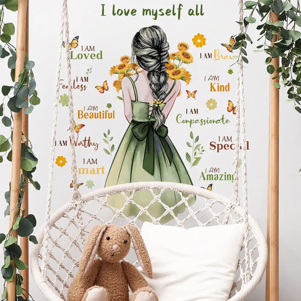 Acuarelă Prințesă pe Lună Autocolante de Perete pentru Camera Fetițelor Decalcomanii de Perete Fluture Floare Decor Dormitor Autocolante de Perete Cameră Bebeluș