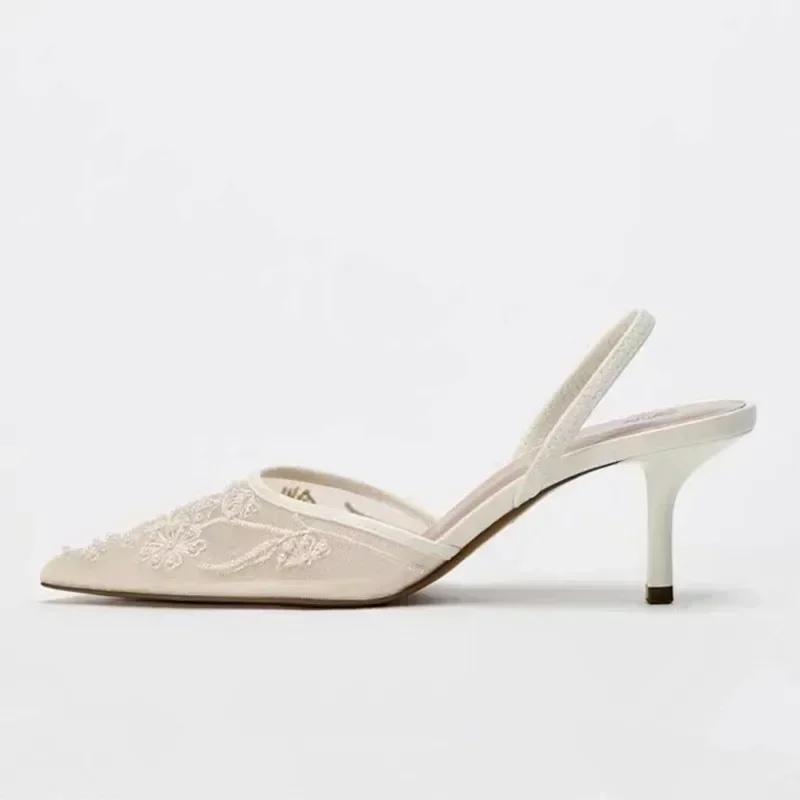 Fashion Elegant Mesh Embroidered Flowers Designer Heeled Sandals Women 2025 Summer Sexy Slingback Pointed Toe Thin High Heels Dress Shoe
