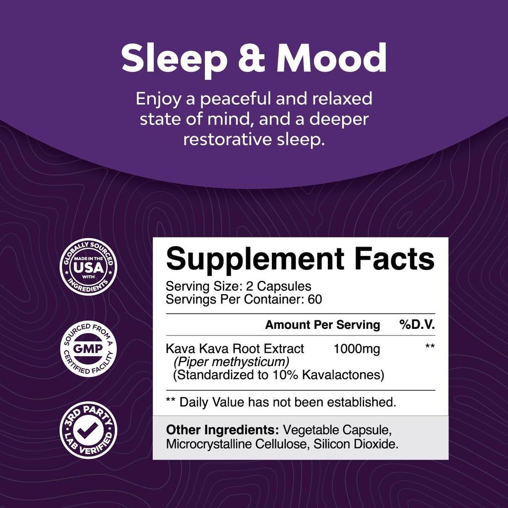 Kava root extract capsules, 1000mg high concentration of kava plant extract per serving, suitable for adults.