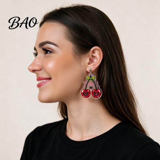 Gift for Girls Friends 1 Pair Acrylic Cherry Earrings Women, 2D Fruit Dangle Drop Spider with Web And Bow, Punk Jewelry Halloween Party Versatile