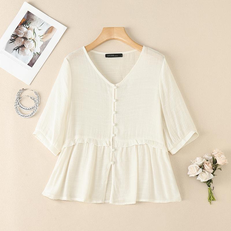 ZANZEA Women Casual V-Neck Summer Half Sleeve Blouse