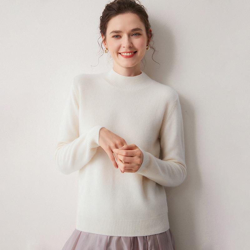Women's 100% Cashmere Thickened Long Sleeve Sweater - Half-High Neck, Versatile Knit Base Layer for Autumn/Winter