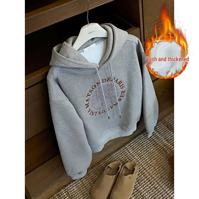 Official Chinese Cotton & Arctic Fleece 420g Embroidered Hoodie for Women - Autumn/Winter Warm Velvet Versatile Top