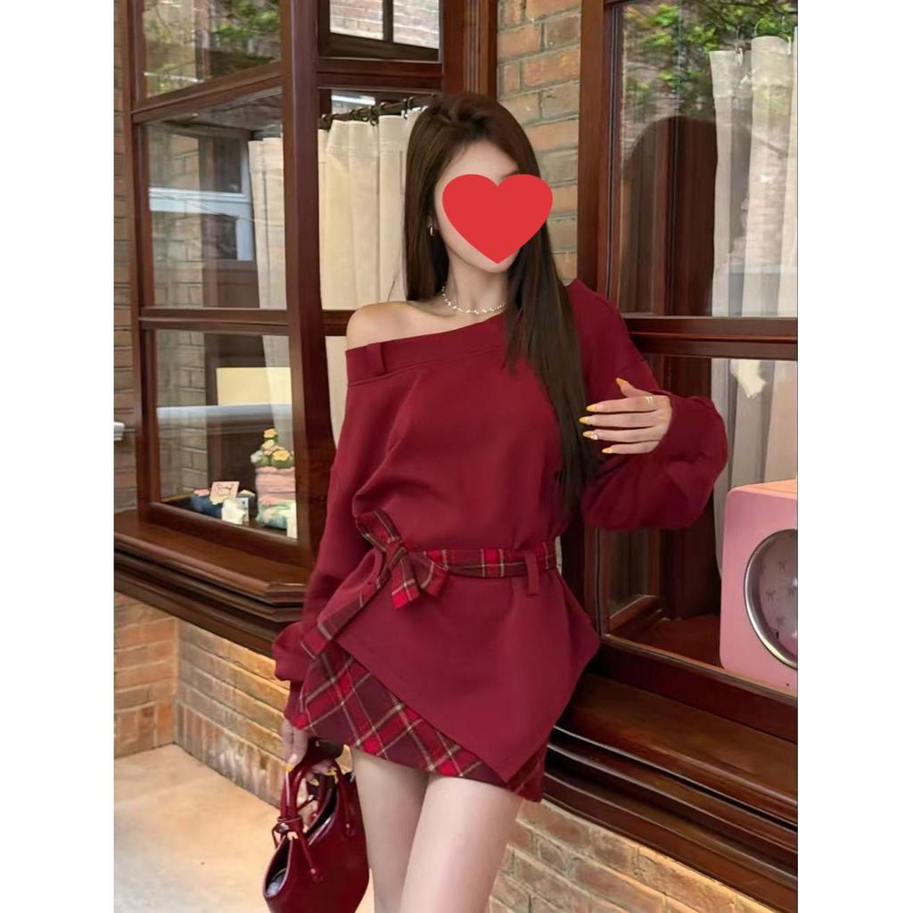 Korean-Style Off-Shoulder Top & Plaid Mini Skirt Set - Playful, Irregular Design for Women