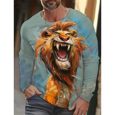 Camisetas Masculinas Casuais da Moda com Gola Redonda, Estampa de Animales 3D Divertidos para Primavera e Outono, Mangas Longas