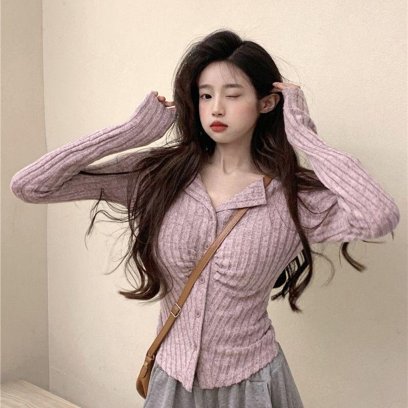 Korean-Style Ruched Collar Knitted Sweater: Autumn Slim-Fit Long Sleeve T-Shirt Top