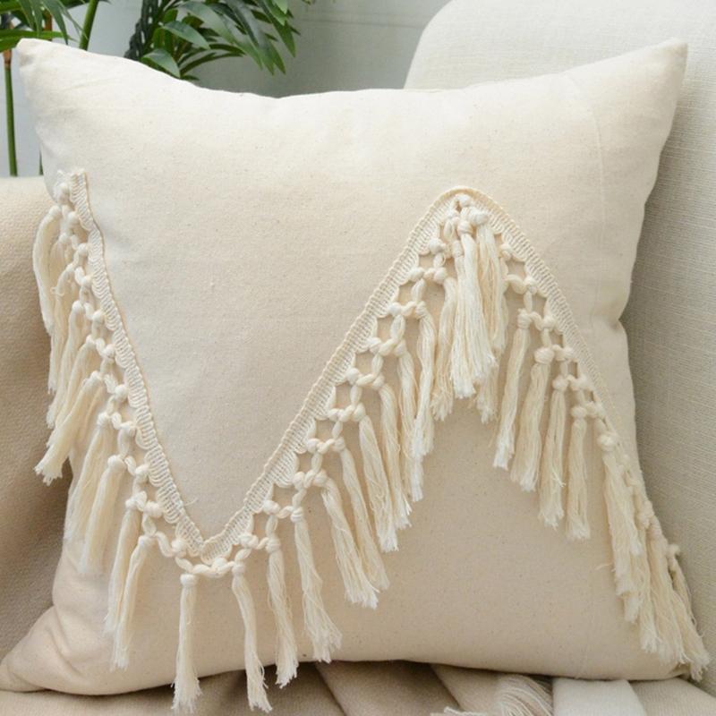 Soft Cotton-ramie Pillow Covers, European Style With Tassels Cushion Cover Shell for Sofa Bedroom Cream Beige Stylish