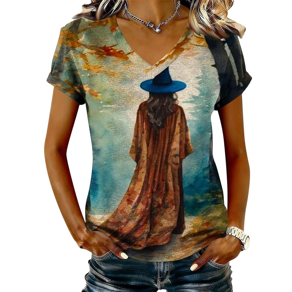 Women's V-Neck Short Sleeve Halloween Print T-Shirt Casual Pullover Top