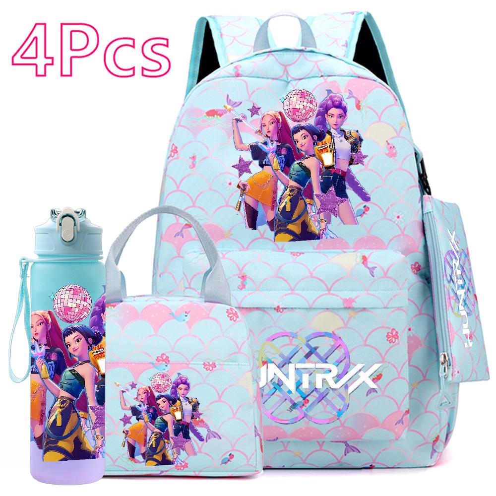4 Adet/set KPOP Sırt Çantası El Çantası Kalemlik 750Ml Matara Genç Erkek Kız İçin Büyük Kapasiteli Kitap Çantası Karikatür Baskılı Okul Çantası Mochila