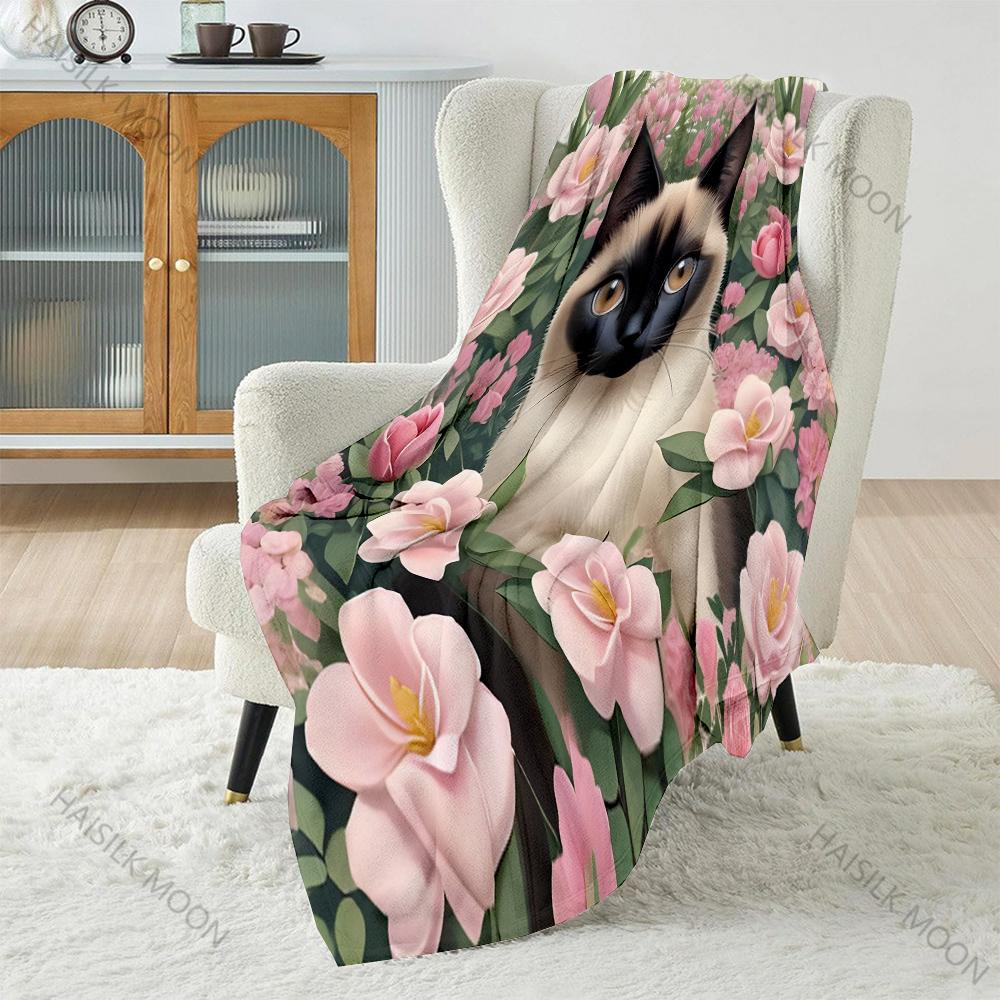 Multi-size Cat and Pink Roses Pattern Blanket Flannel Material Soft Warm for All Seasons Home Outdoor Camping Picnics RV