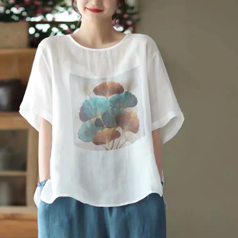 

Новый летний ретро хлопково-льняной топ с принтом для женщин, свободные пуловеры в литературном ретро-казуальном стиле, футболка с коротким рукавом 4XL