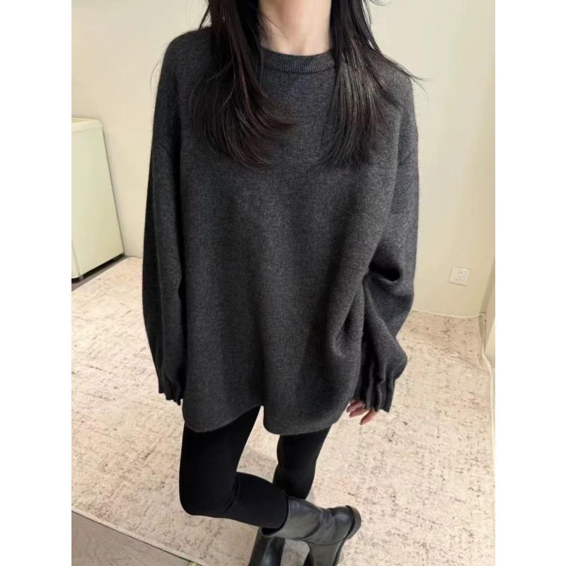 

Loose and lazy wind pleated embroidered crew neck large version sweater women s autumn and winter gentle wind lantern sleeve knitted bottoming shirt One size серый