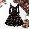 Dames Kerstprint Midi Jurk, Lange Mouwen V‑hals Bontrand A-lijn Feestjurk, Kerst Limited Edition
