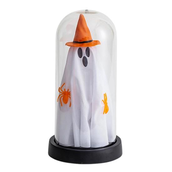 Yousheng Halloween Ghost Decor Light Up Ghost in Glass Cloche with Wood Base Cute Ghost Night Light Decoration for Table Shelf Fireplace Room Decor