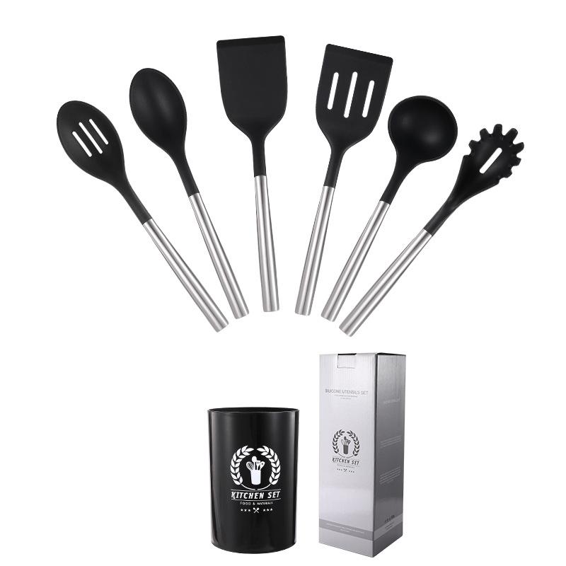 6Pcs Kitchen Cookware Silicone Kitchenware Non-stick Cooking Tools with Holder Spatula Spoon Ladle Egg Beaters Shovel Utensils Set