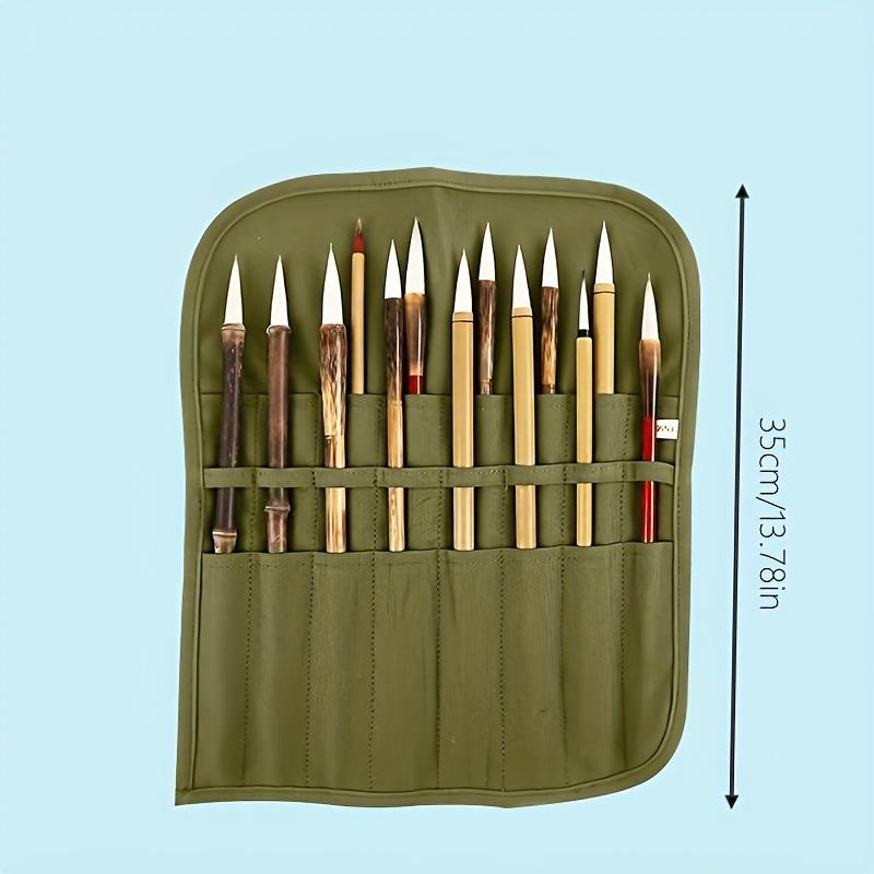 1pc Olive Green Canvas Rolling Art Brush Holder with 16 Slots Artist Brush Organizer for Watercolor Calligraphy Brushes Portable Paint Brush Holder