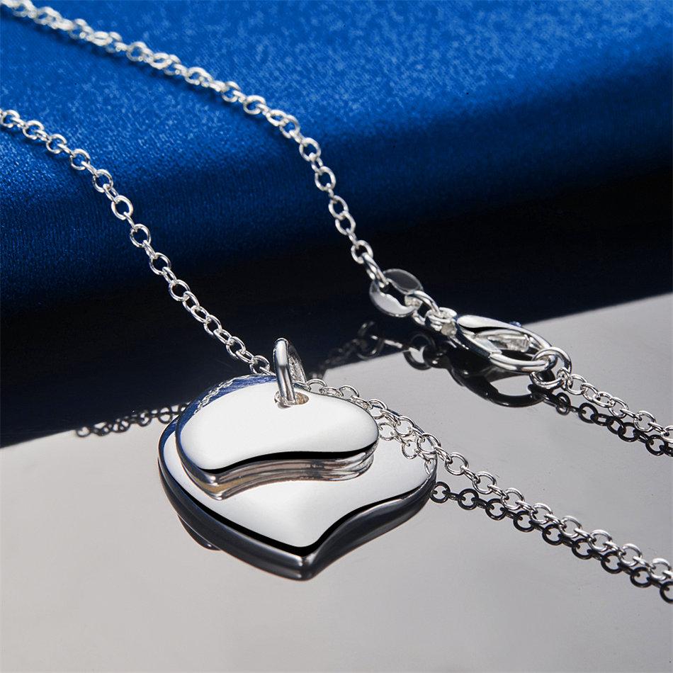 925 Sterling Silver 16-30 Inch Glossy Double Layered Heart-shaped Pendant Necklace for Women's Fashion Wedding Accessories