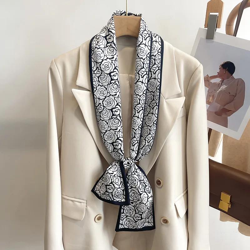 Fashion New Small Silk Scarf Women Tie Bag Headband Flower Printing Hairband Korean Style Neckerchief Ribbon Luxury Brand