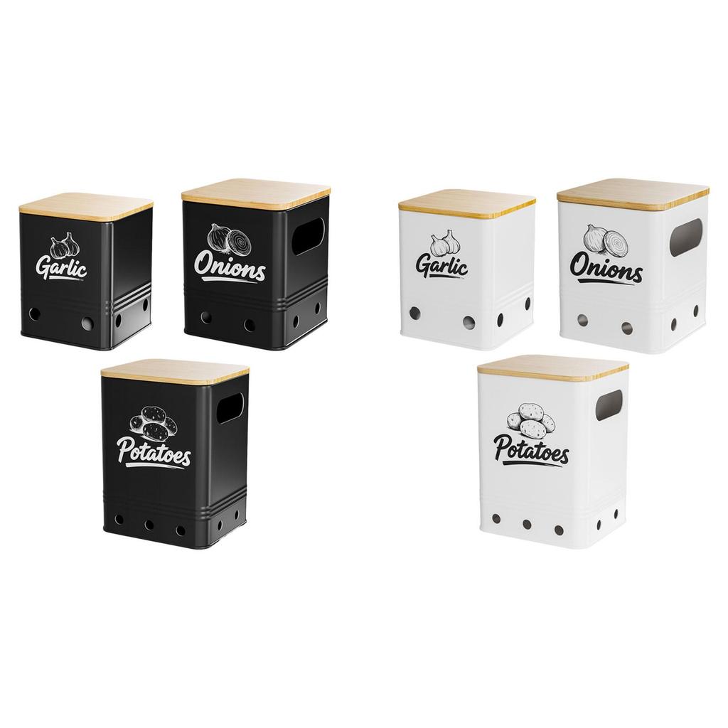 Iron Bamboo Potato Onion Garlic Storage Bins 3 Piece Organizer Set with Vent Holes for Home