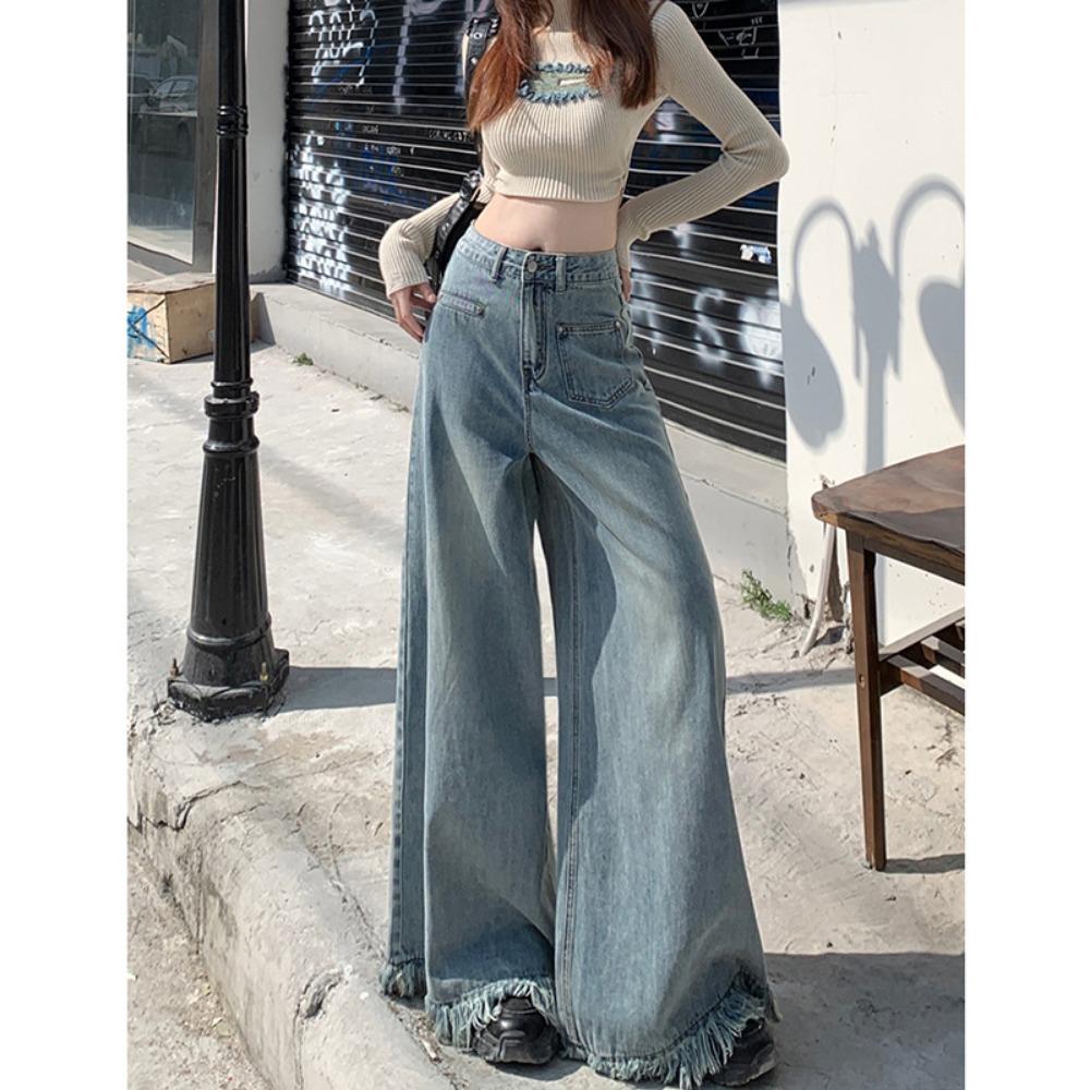 Simple versatile big horn jeans autumn new high waist wide legs loose fringed design mopping pants