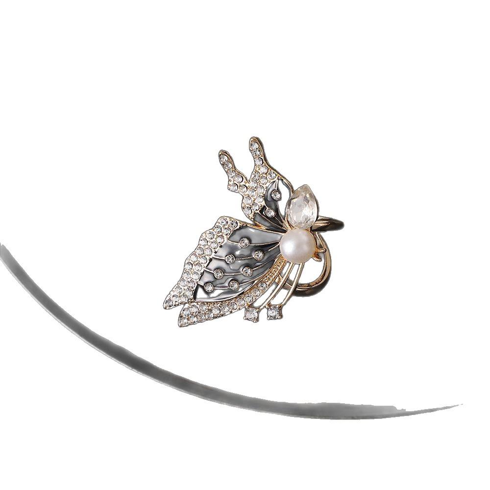 Elegant Butterfly Pearl Silk Scarf Buckle & Brooch - Black Alloy Accessory for Woolen Apparel