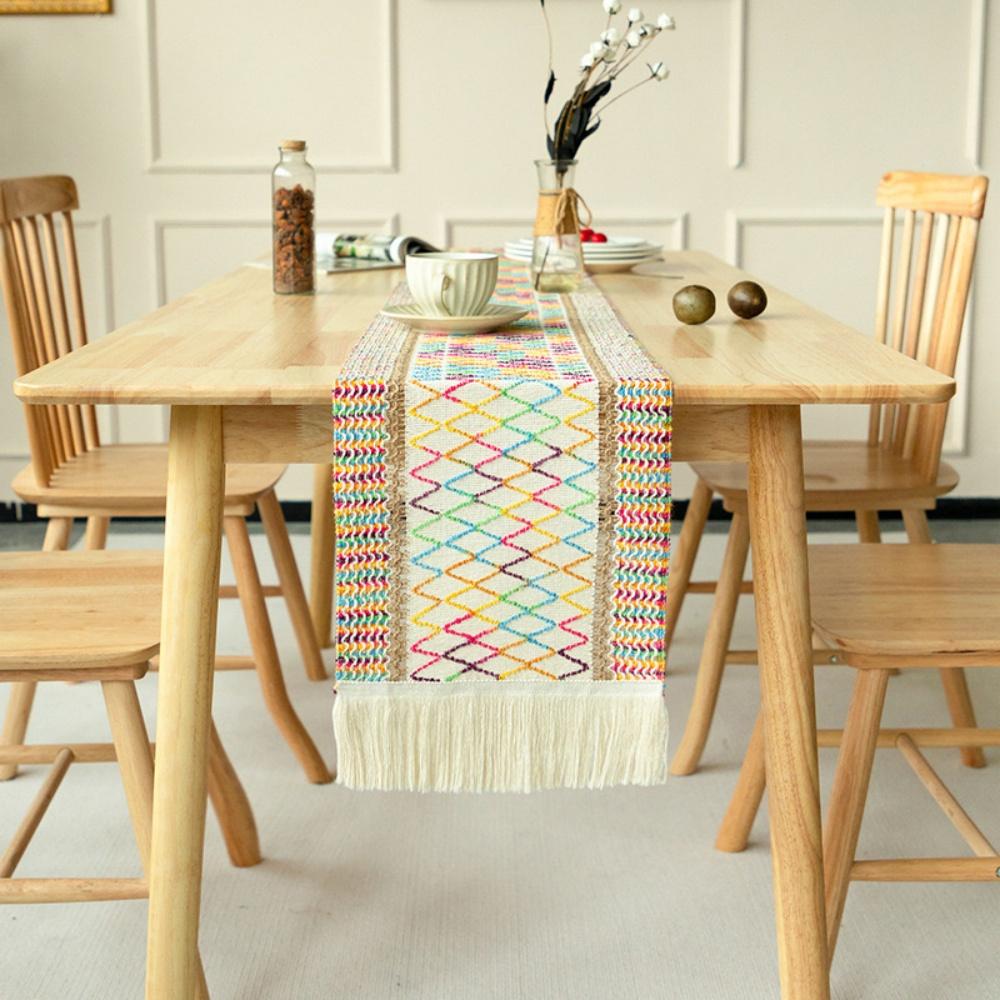 Table flag farmhouse style, natural coarse linen Bohemian table flag modern farmhouse decoration, simple woven cotton crochet la