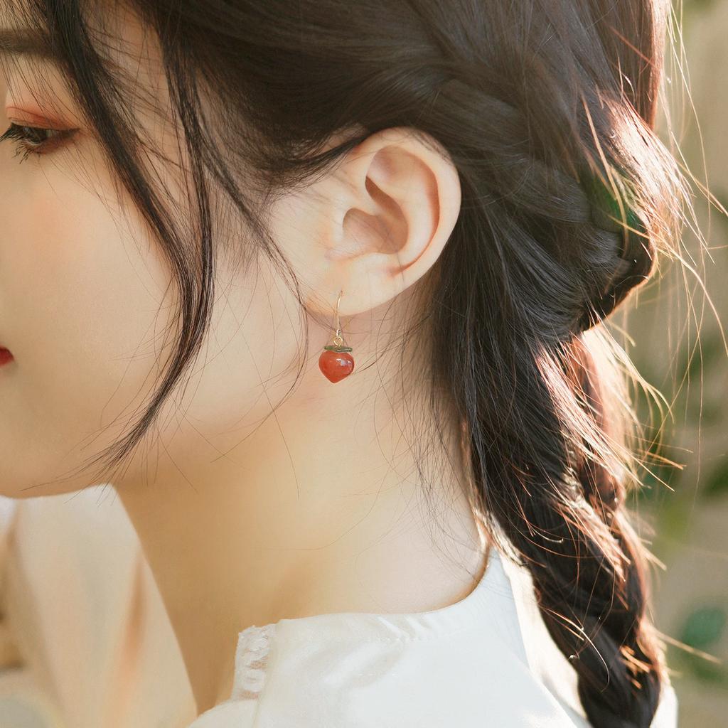 Southern Red Agate Peach14K Gold-plated Earrings and Ear Clips with a Niche, Trendy Vibe for Women
