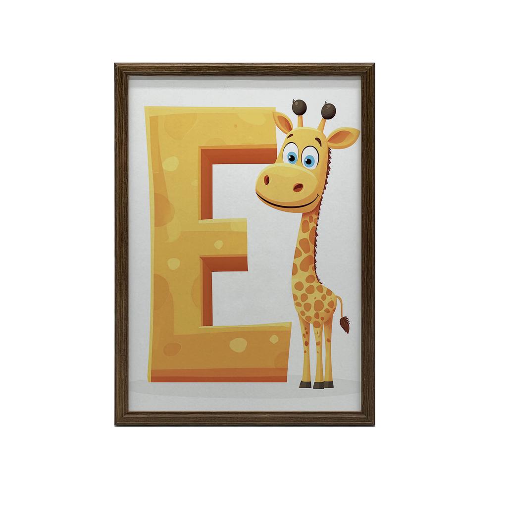 Plakat Uśmiechnięta Żyrafa I Litera E Plakat Uśmiechnięta Żyrafa I Litera E, 30X40 Cm, Rama Aluminiowa Złota, Papier Matowy 230 Gsm