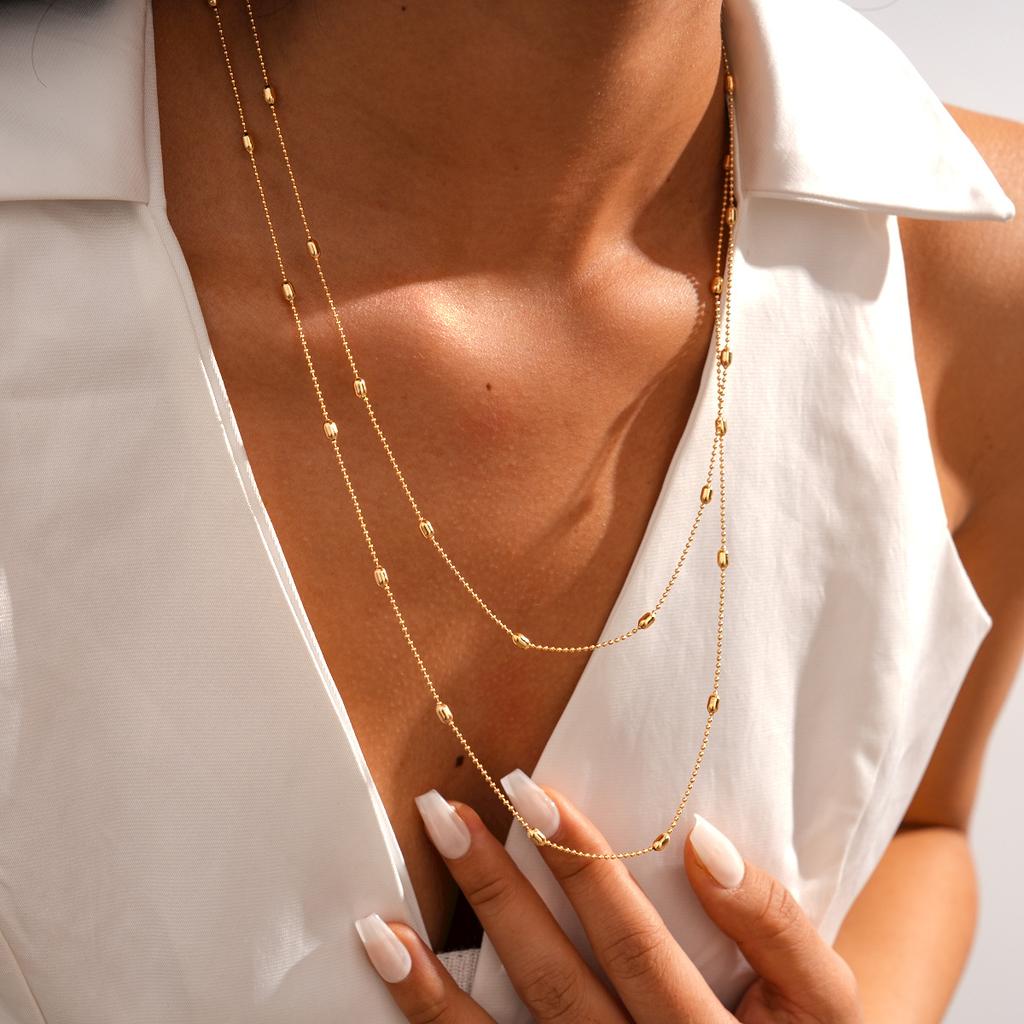 Metallic Rice Beaded Oval Stackable Sweater Chain Fashion Versatile Necklace