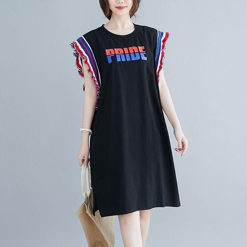 

Fashion 150.00kg Export plus Size Summer Dress Slimming Sleeveless Wooden Ear Mid Length Long Length Fashion Dress Tide 6 Black 2XL