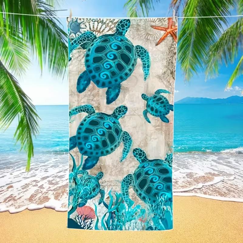 Quick-Drying Artistic Turtle Beach Blanket Blue Green Sea Life Print Microfiber Decorative Throw for Beach Picnic Versatile