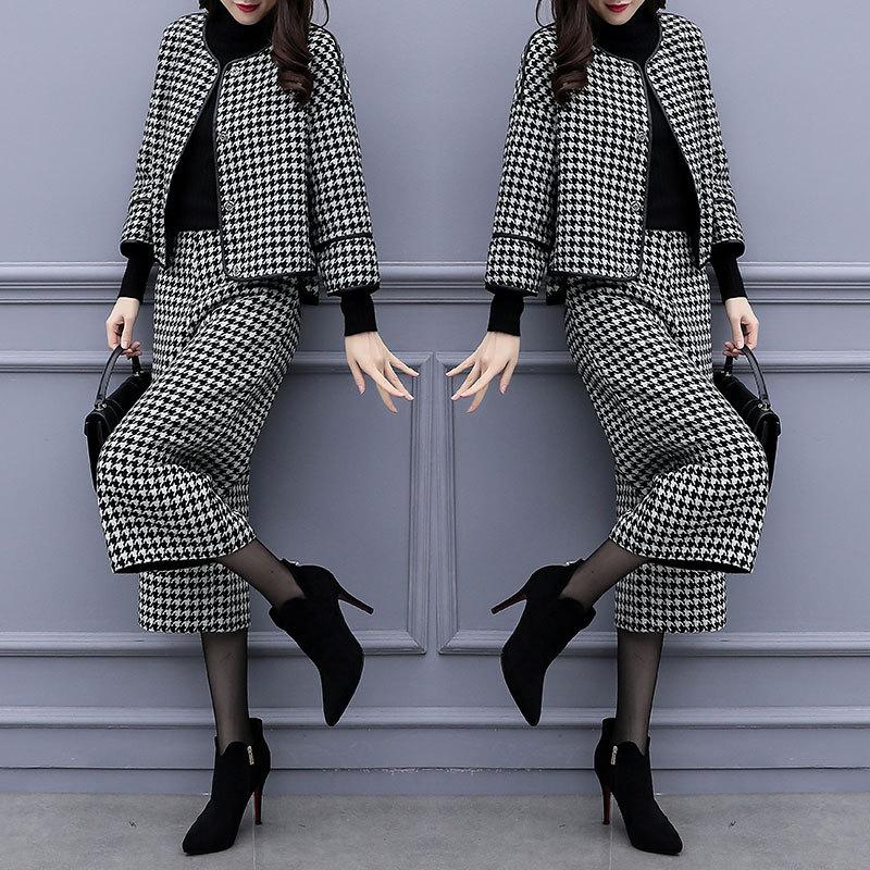 Completo Pantaloni Larghi Coreani Moda Autunno Inverno Tempo Libero Manica Sette Punti Cappotto di Lana Giacca a Quadri Outfit Donna