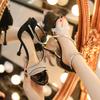 French Small Sandals Girl 2025 New Summer Stiletto with Skirt Rhinestones Word with Temperament High Heels Fairy Style