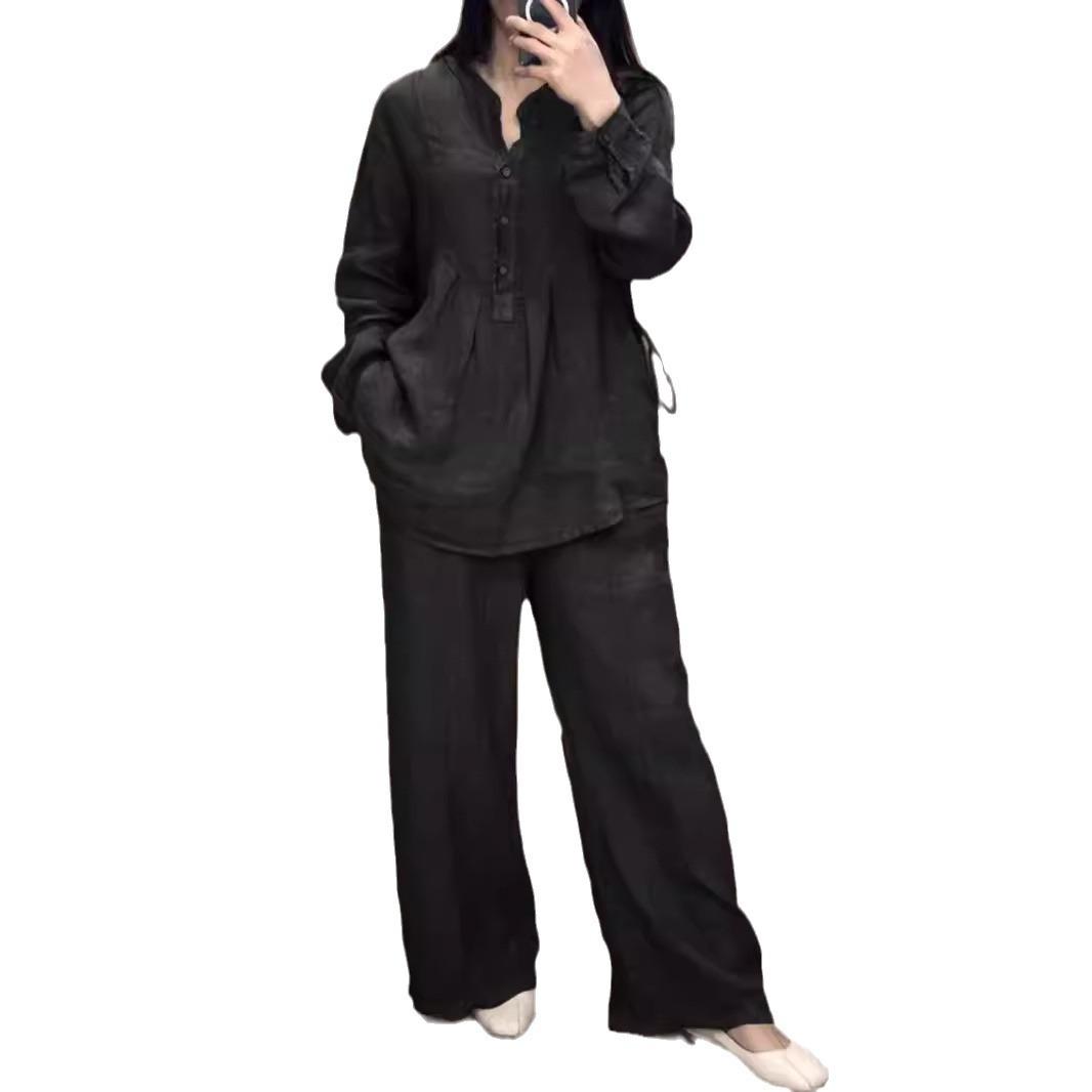 

Женский коричневый повседневный комплект свободного кроя: топ на пуговицах с длинным рукавом и брюки широкого кроя S чёрный