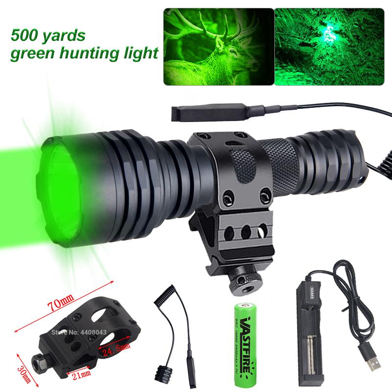 Powerful 500Yards C8s Professional Green Red Hunting Flashlight 1-Mode Torch USB Rechargeable Lantern+Switch+Mount+18650+Charger