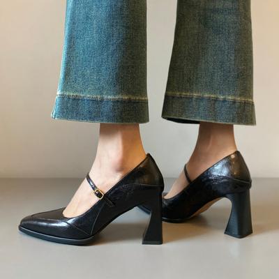 Retro lichte mond enkele schoenen dames hoge hak Mary Jane schoenen met kleine vierkante neus dikke hak modeschoenen