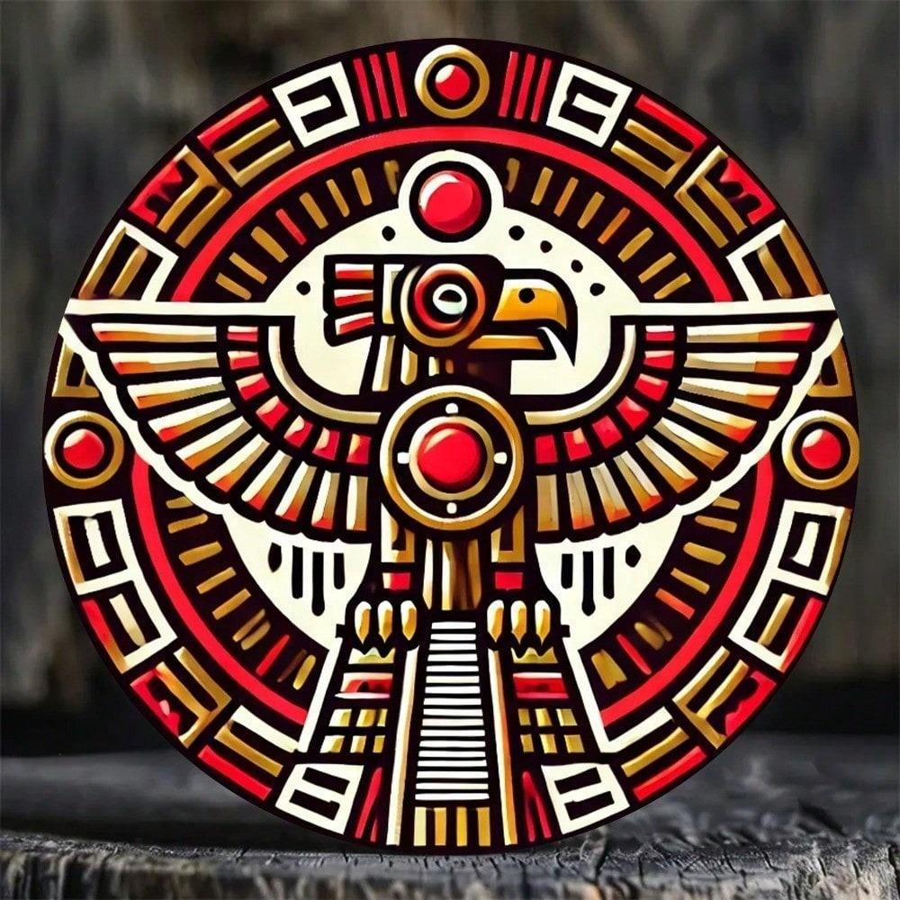 Vibrant Eagle Aztec Geometric Metal Wall Art, Round Aluminum Sign for Home Decor