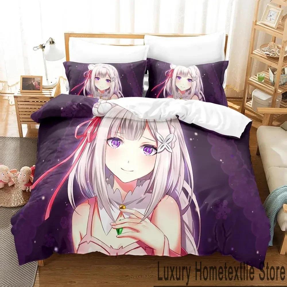 3D Anime Re Zero Rem Ram Emilia Bedding Set Duvet Cover Bed Set Quilt Cover Pillowcase Comforter King Queen Size Boys Adult