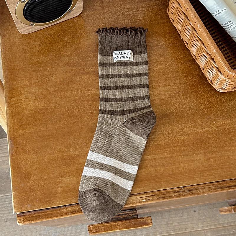 New Retro Striped Mid-Calf Socks: Ruffled, Warm Combed Cotton for Autumn/Winter