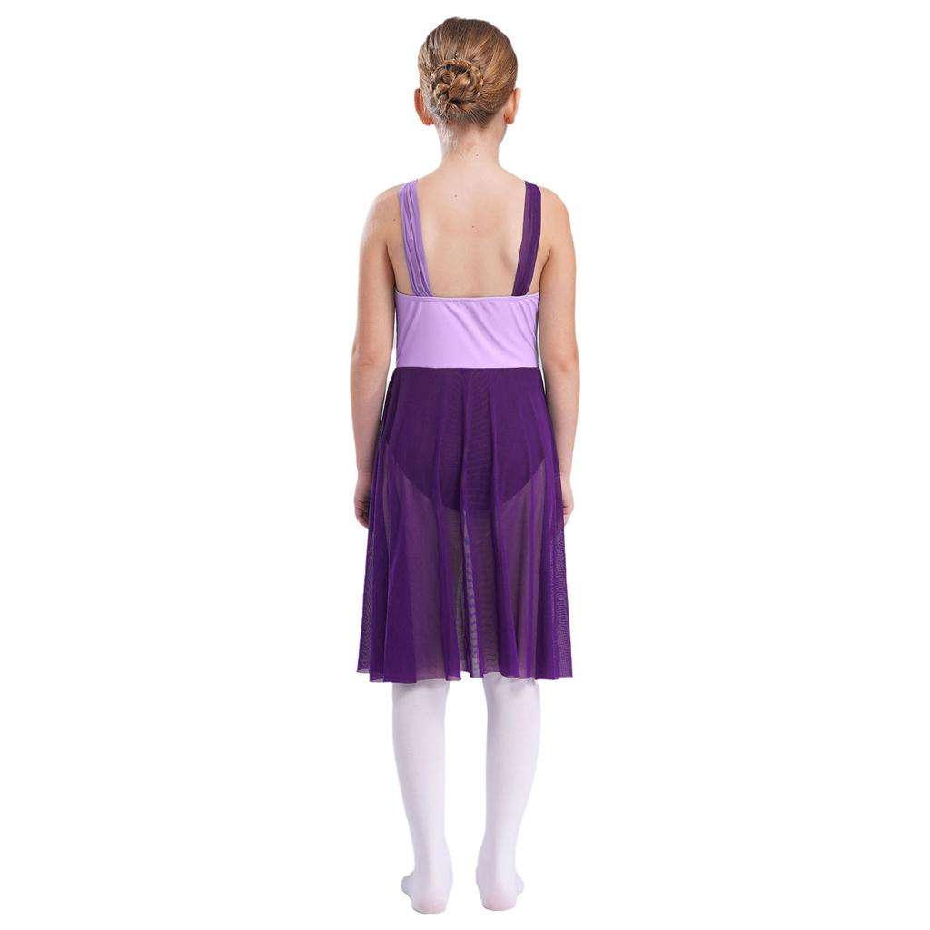 Girls Sleeveless Mesh Straps Color Contrast Leotard Dress for Lyrical Contemporary Dance Performance