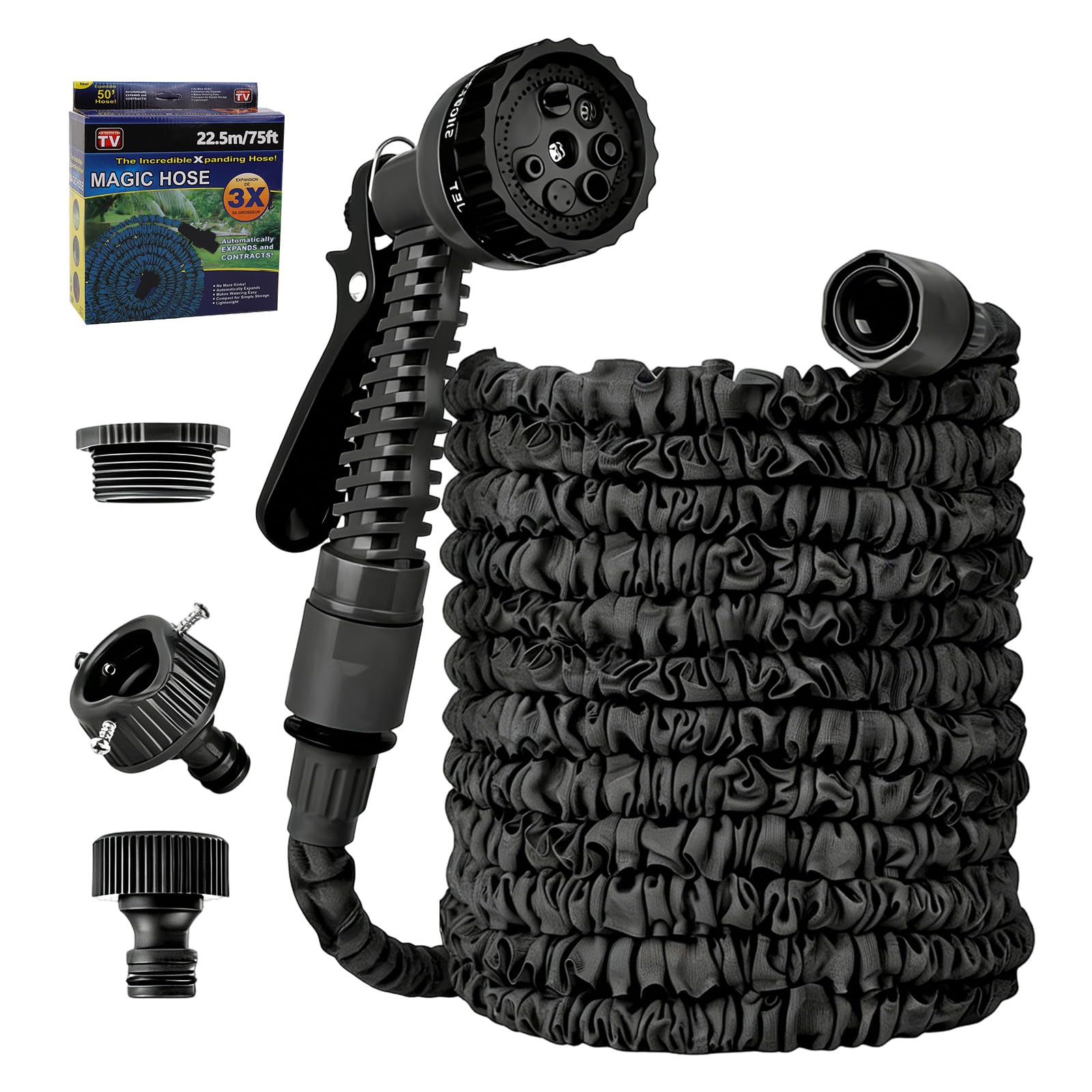 

Extendable Hose with Retractable and Abrasion Stretchable to 3 Times Its 7 Nozzle Easy Perfect for Car Flower and Yard Cleaning to Ultra-lightweight чёрный