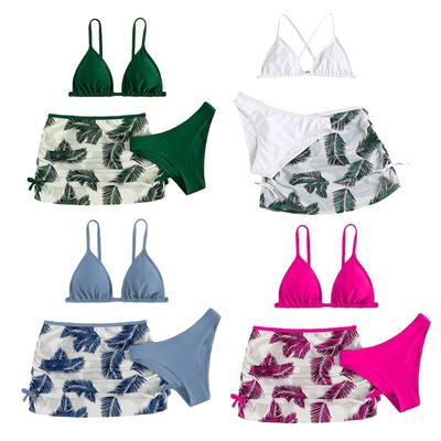 8-13 Years Kids Girls Summer Bikini Swimwear Bra Panties and Skirt 3-piece Swimsuit Beachwear