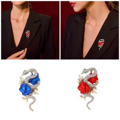 Enamel Rose and Snake Brooch with Rhinestones for Women Elegant Designs Lapel Pin for Business and Social Events