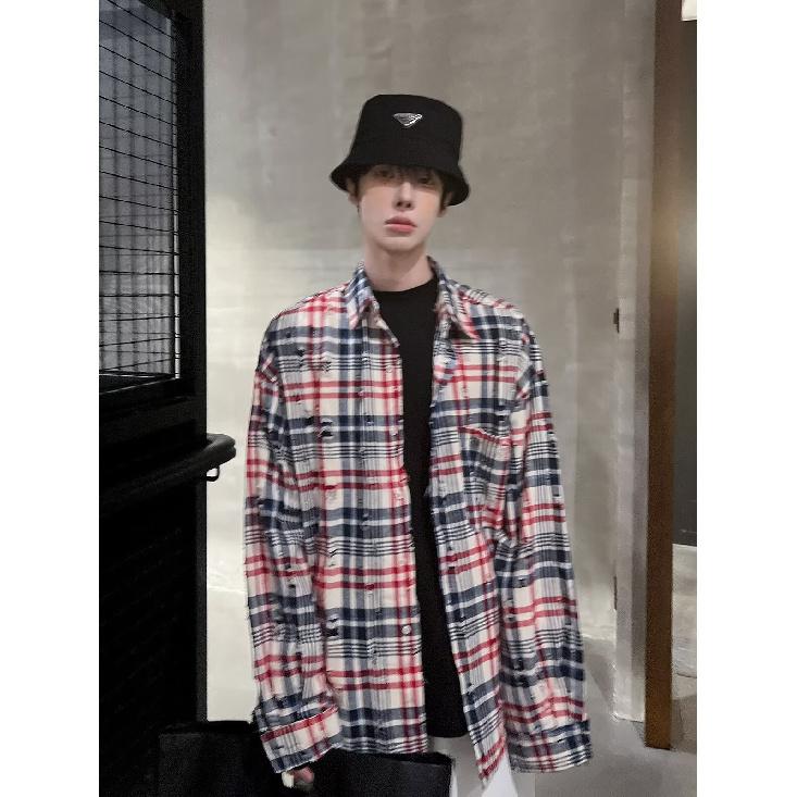 Spring and Autumn New Korean Style Retro Destroyed Plaid Shirt Men and Women Same Style Loose Leisure All-Matching Lazy Shirt Coat