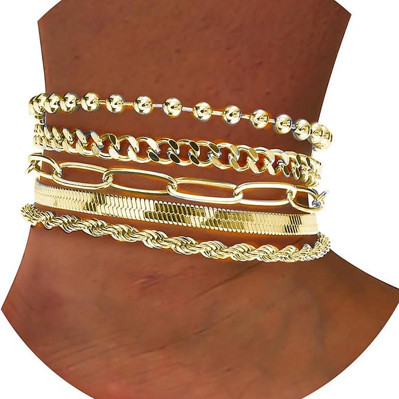 European & American Retro Cuban Link Anklet Set - 5 Pieces