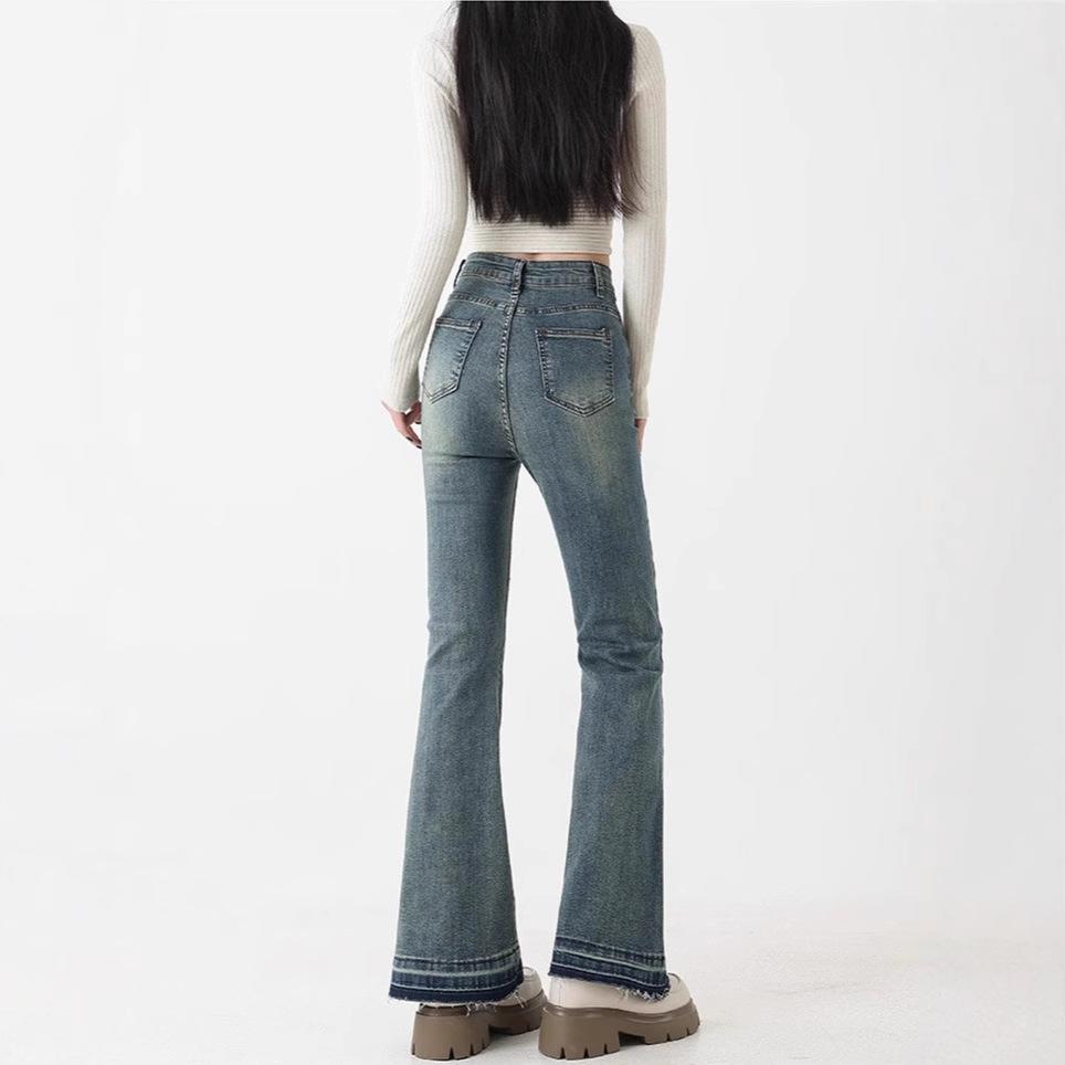 Women's Retro Blue High-Waist Micro-Flare Jeans - Slimming, Stretch, Plus Size, Pear-Shaped Fit, Long Pants for Spring