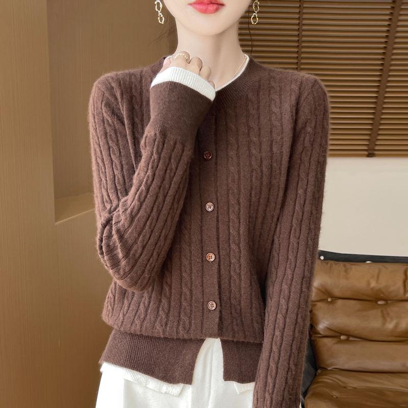 Autumn and Winter Women's Round Neck Color Matching Fake Two Cardigan Loose Twist Cashmere Sweater Knit Top