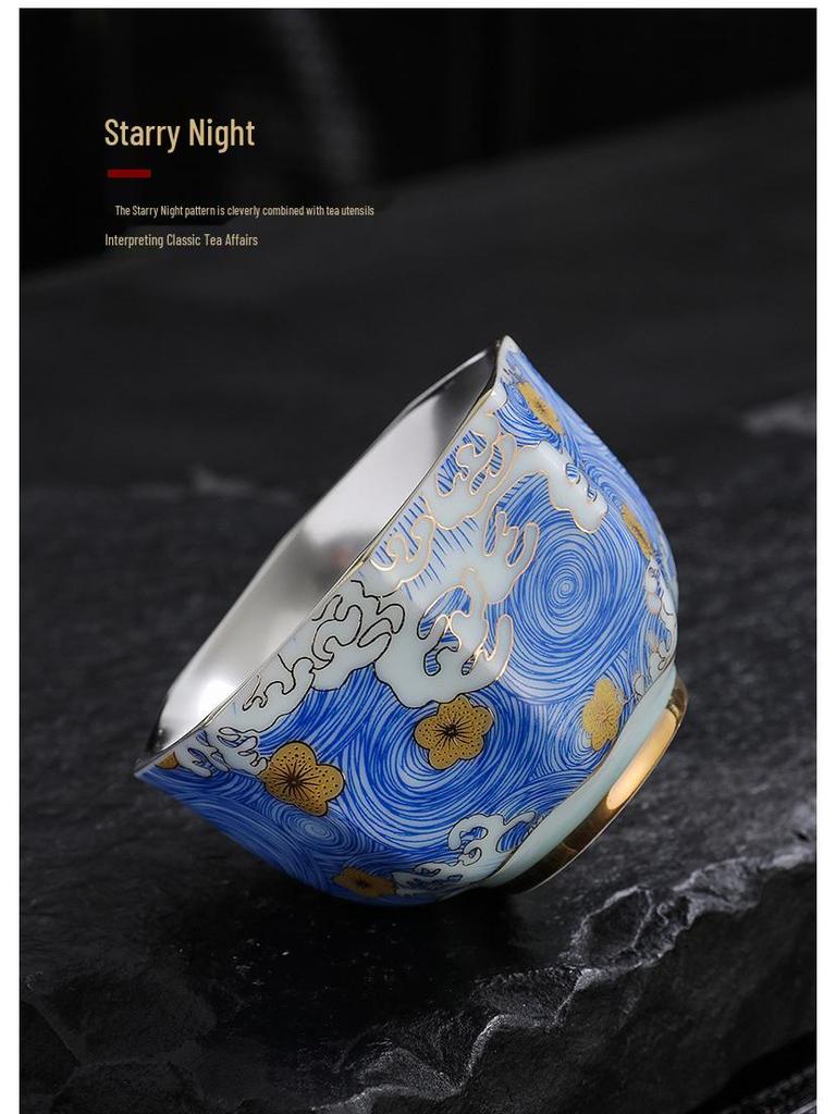 Sterling Silver & Ceramic Gilded Teacup - Kung Fu Style Master Tasting Cup Business Gift