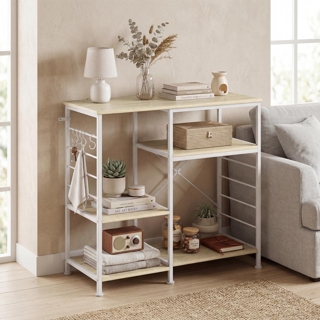 Kitchen Shelf with Wood and Metal Shelves with 5 Hooks, Space-Saving, 90x39x83.5 cm, Oak